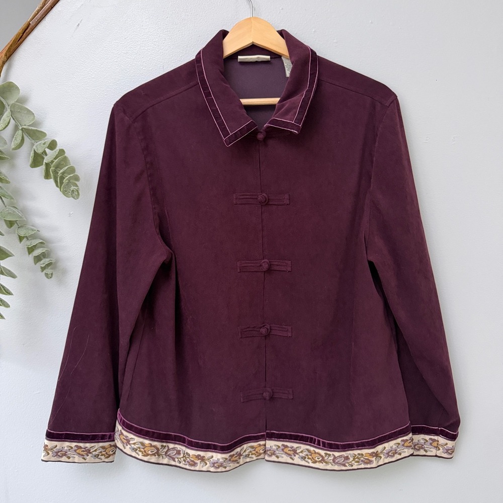 Amanda Smith Jacket Whimsigoth Witchy Faux Suede Toggle Button Floral Eggplant